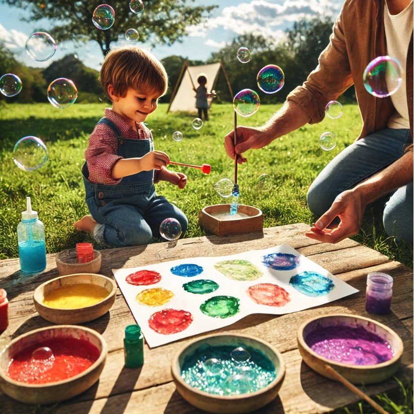 A child playing with bubbles with mom