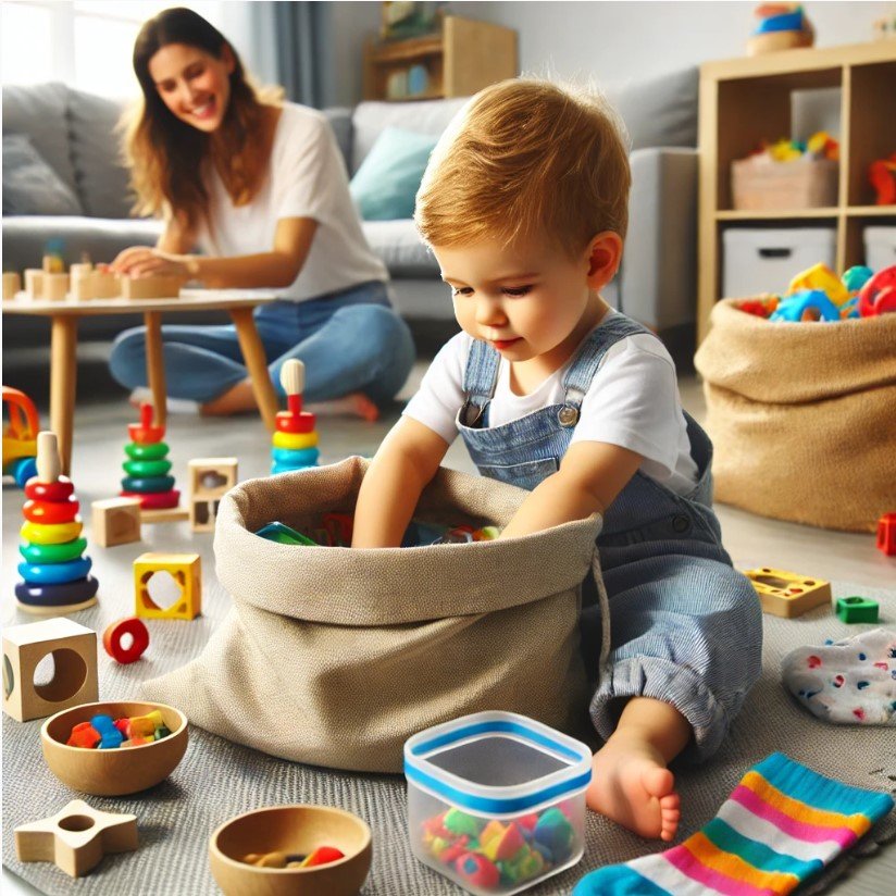 A child is playing with toys for developing fine motor skills