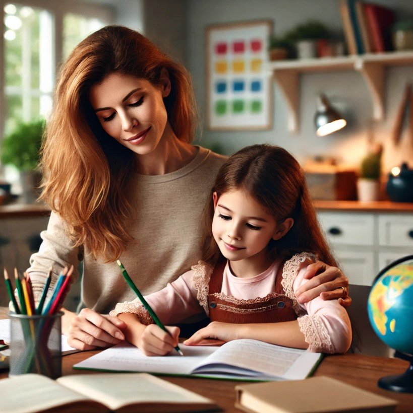 A mom and a girl study together