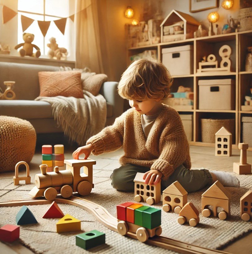 A child is playing with wooden toys