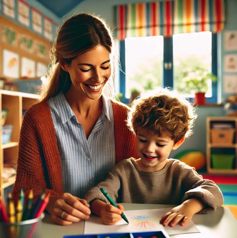 A female teacher and a boy