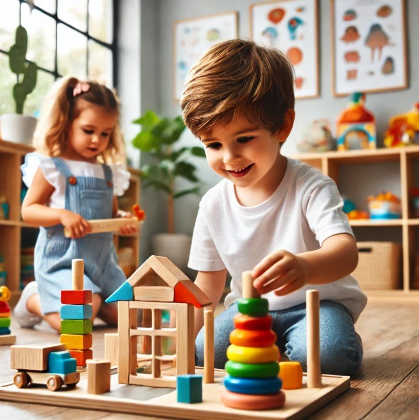 A boy and a girl playing together with hands on toys