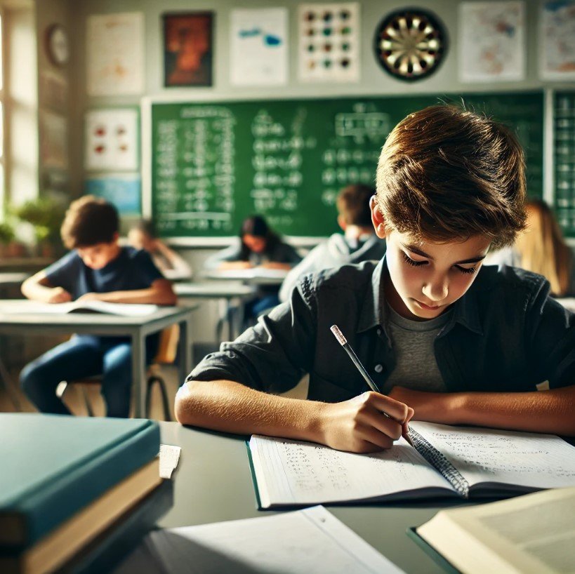 A teen boy studying in a classroom