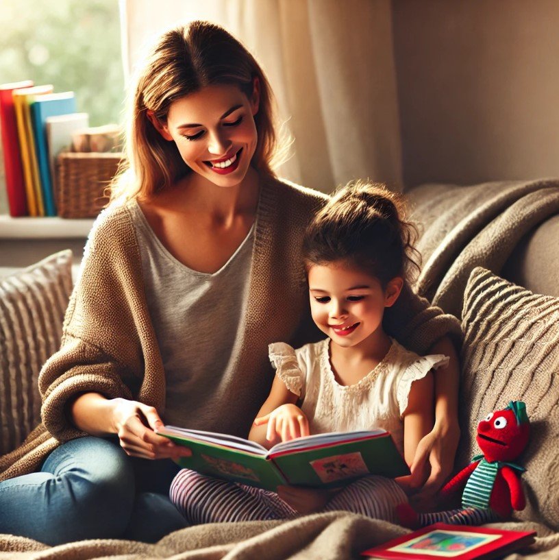 A mom and a girl reading book together