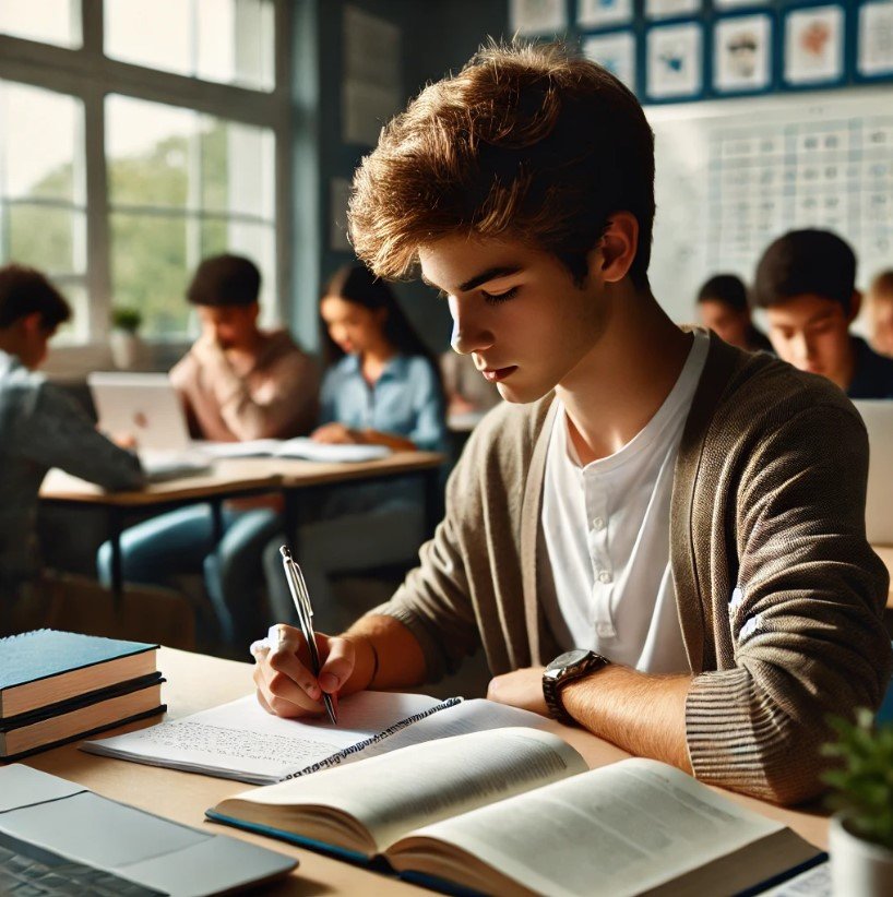 A teen studying in school