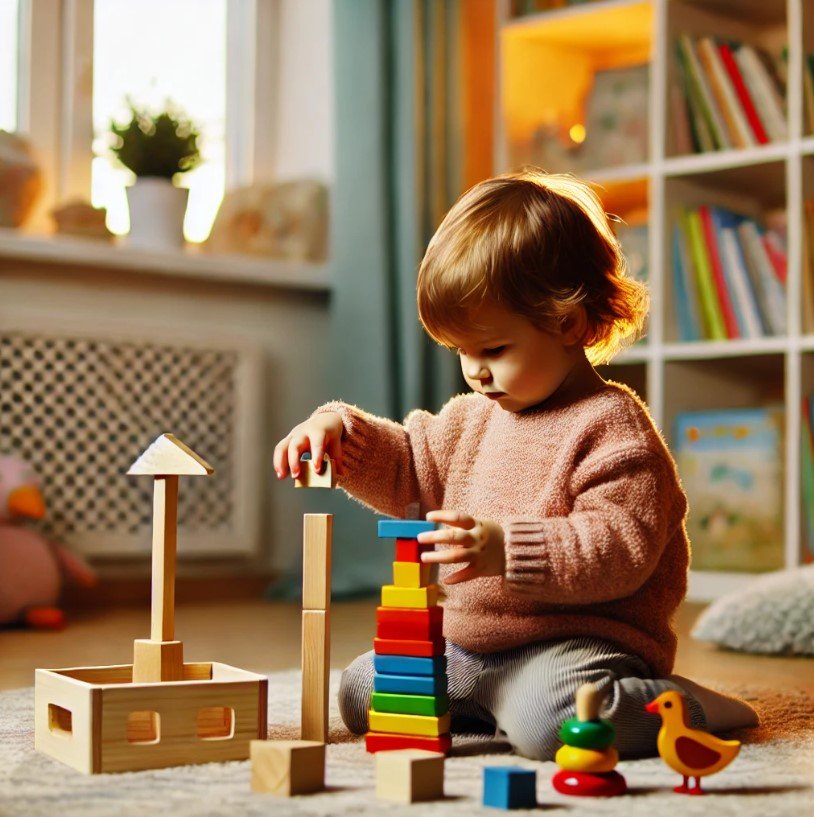 A child playing with hands on wooden toys