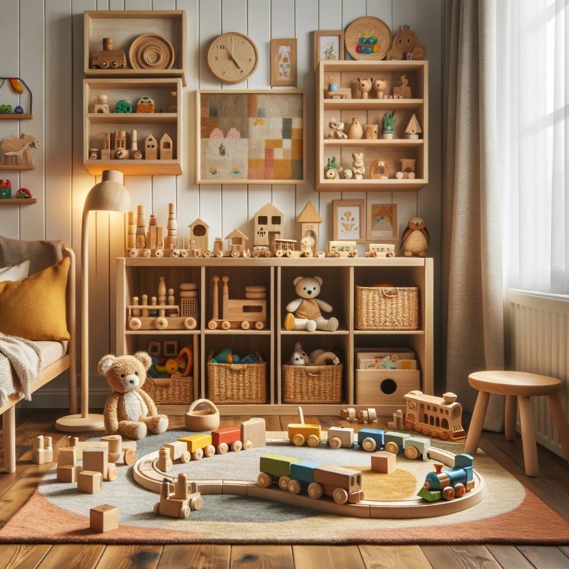 A child's room with full of wooden toys