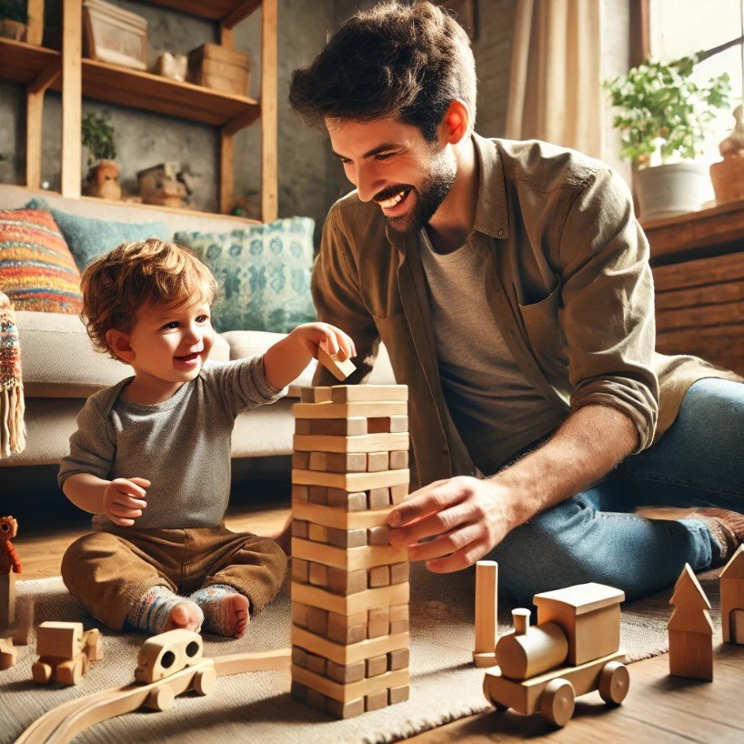 A boy and dad playing wooden blocks together