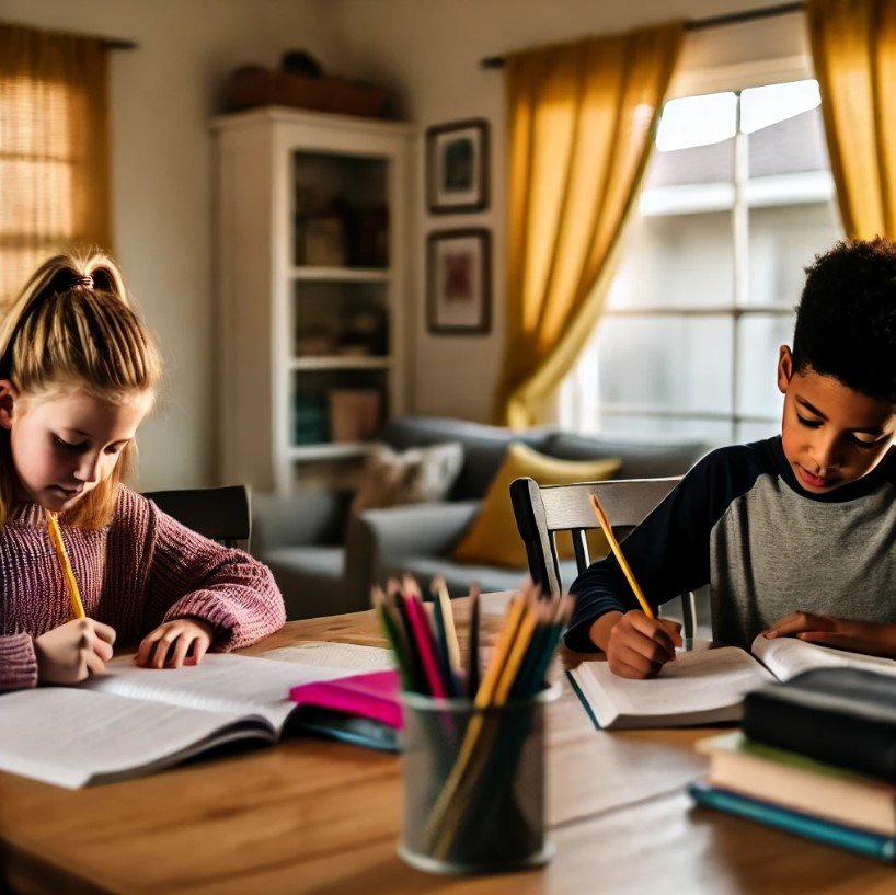 Children study at home together