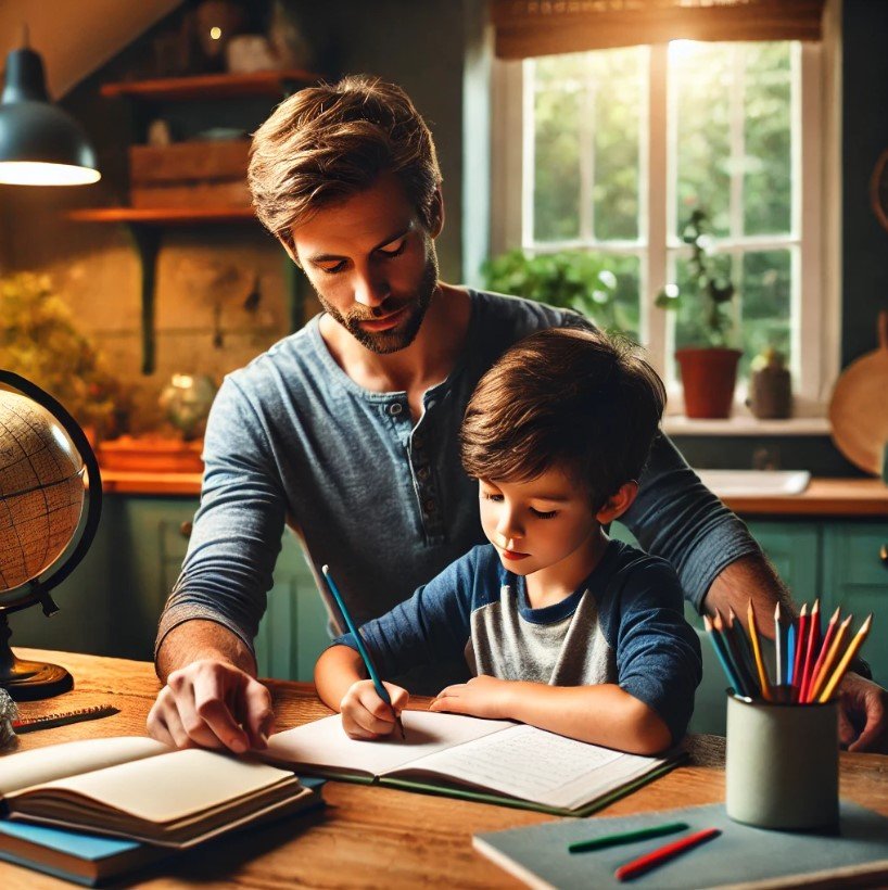 A father is doing homeschool his son