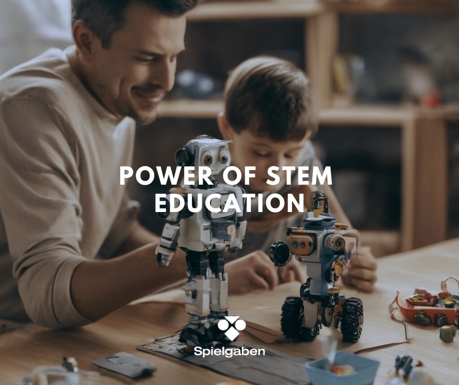 A dad and a boy building robots together