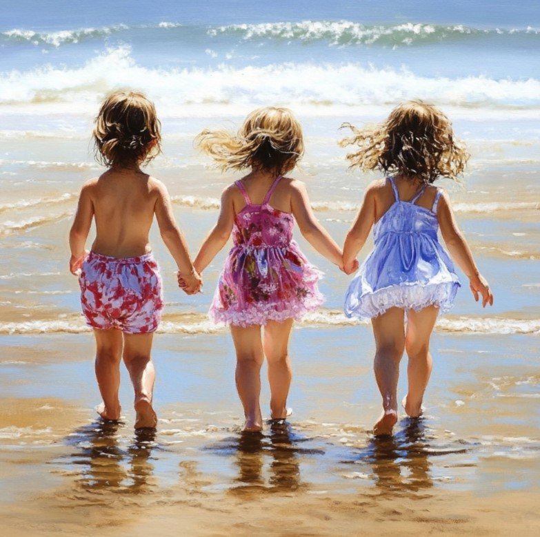 3 little girls walking on a beach