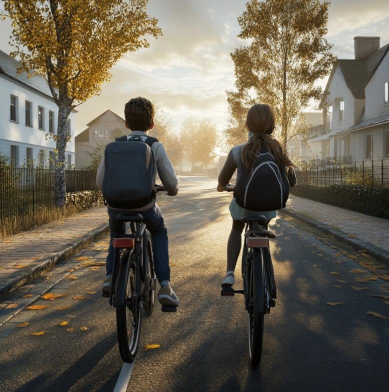 A boy and a girl riding bicycle to school