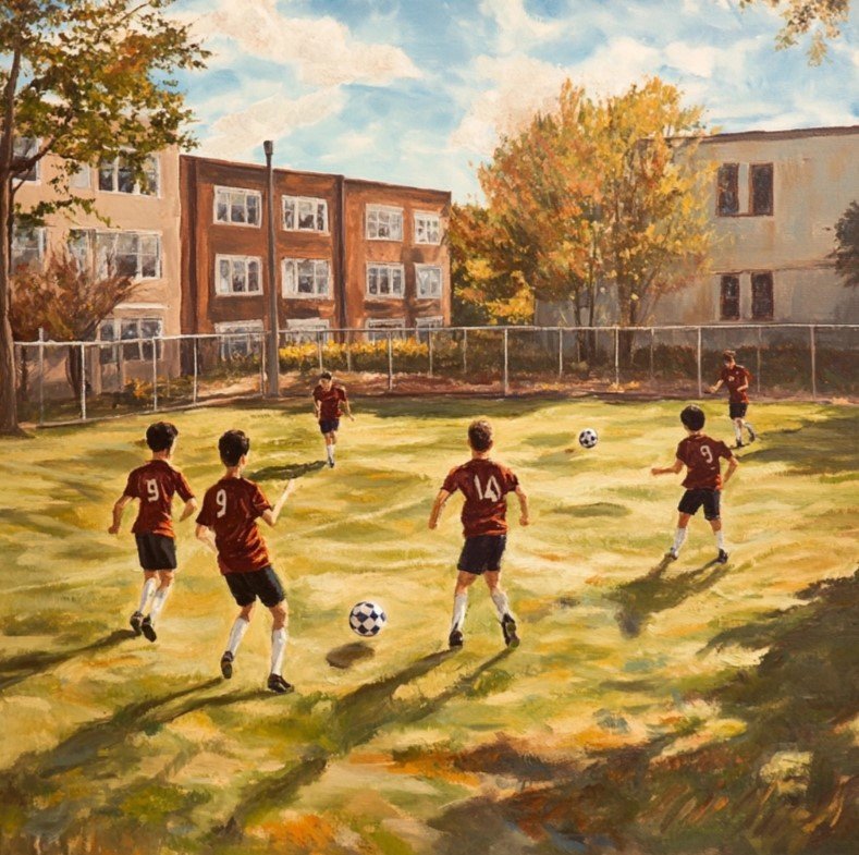 A paint demonstrating boys soccer team playing soccer