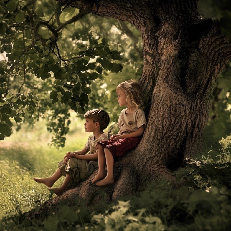 Two boys sitting under a large tree