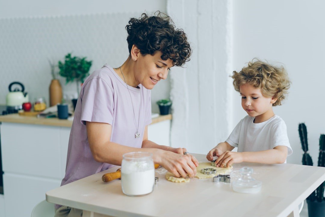 A mom and a son cooking together