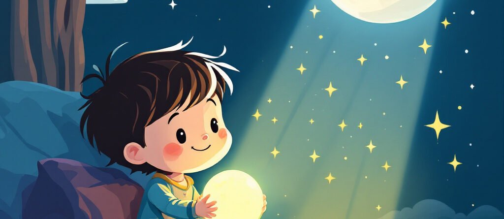 An illustration of child holding a ball and moon shines on the boy