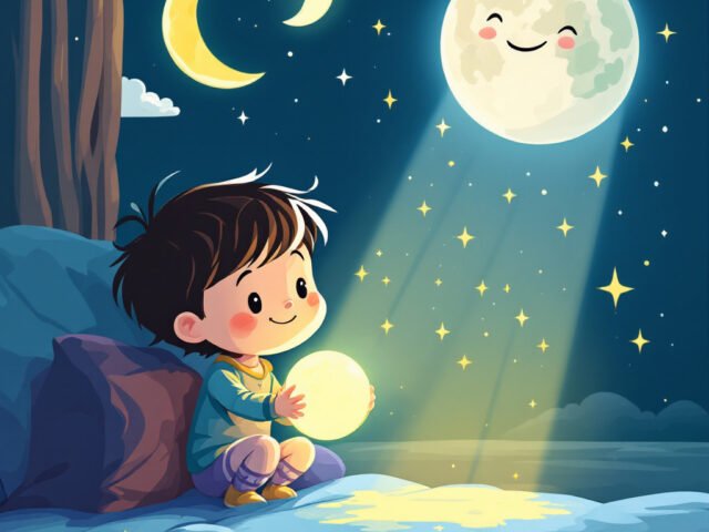 An illustration of child holding a ball and moon shines on the boy