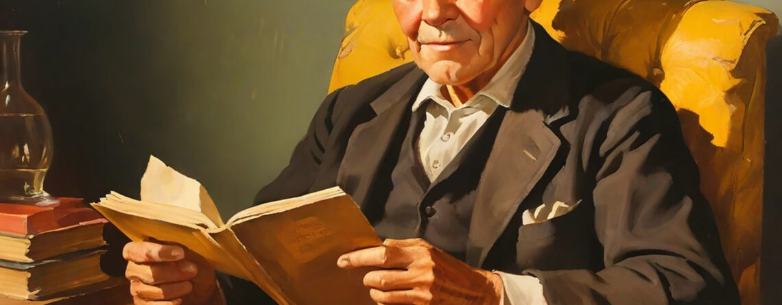 Old man holding a notebook and reading