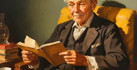 Old man holding a notebook and reading