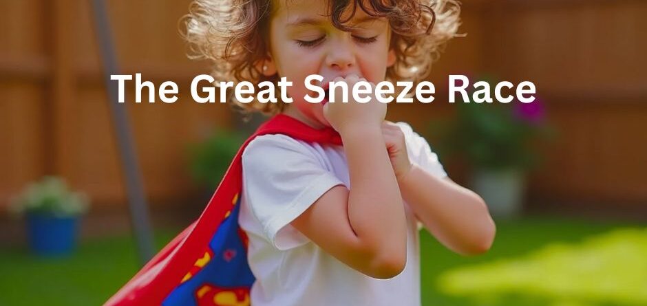 A boy with super hero cape on and sneeze on his fist