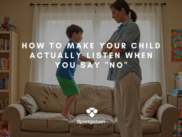 A boy ignore mom and continue jumping on couch