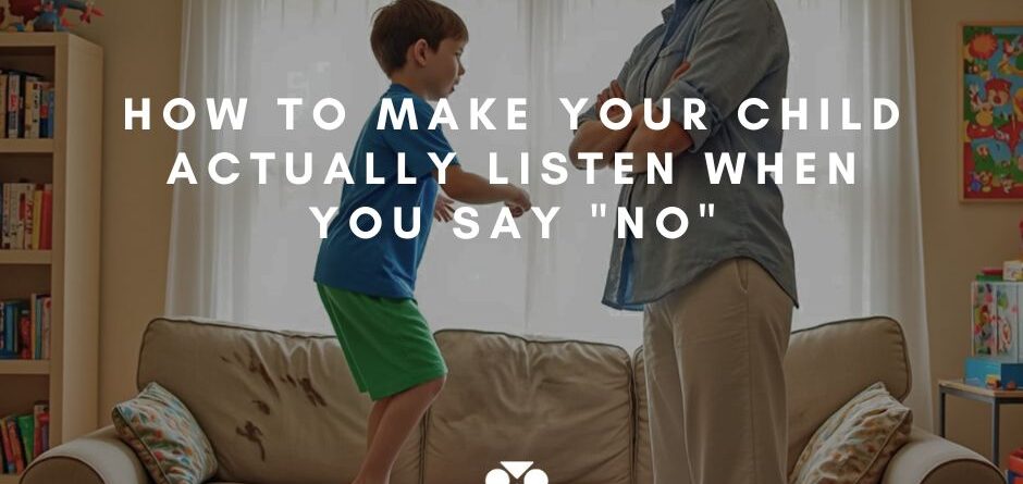 A boy ignore mom and continue jumping on couch