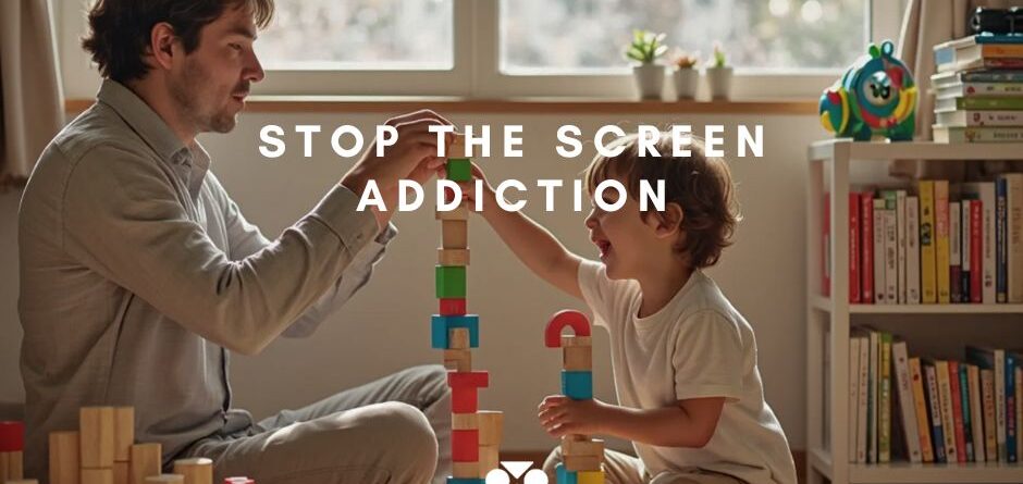 A father and son playing together building with wooden blocks