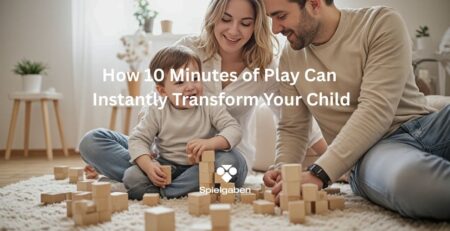 parents with a son playing with wooden blocks