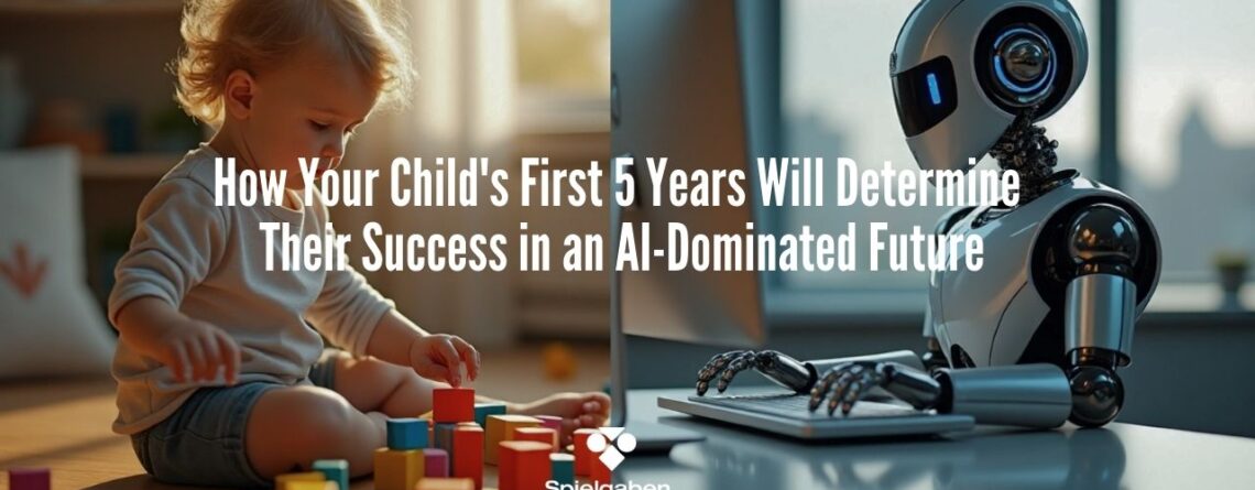 a child playing with wooden blocks and a robot is learning and working on a computer