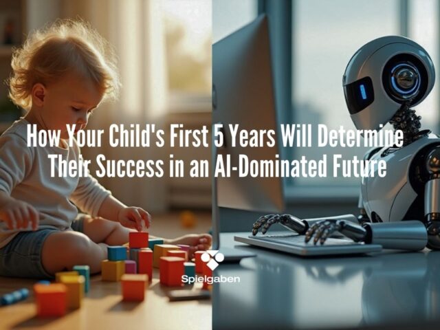 a child playing with wooden blocks and a robot is learning and working on a computer