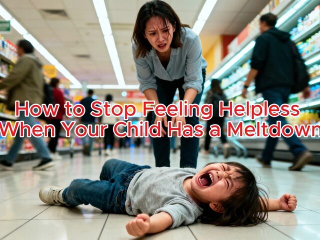 A child is having a major mental breakdown in shopping aisle and a mother is panicking.